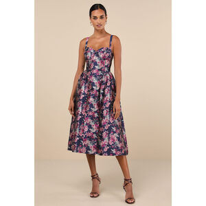 Lulus Attractive Essence Navy Floral Jacquard Midi Dress With Pockets Blue